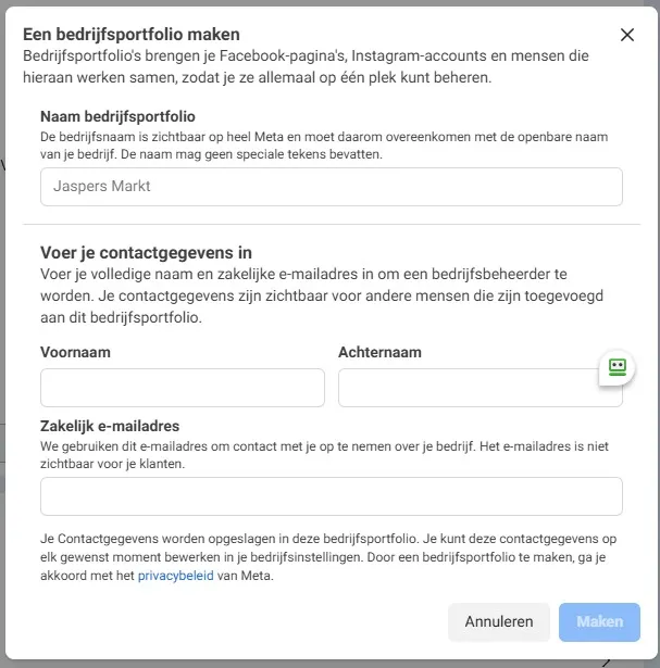 Het formulier waarin je de bedrijfsgegevens voor je bedrijfsportfolio invult